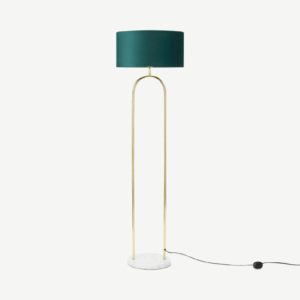 Carmella Stehlampe, Messing, 100 % recycelter Samt in Pfauenblau, Messing und Marmor in Weiss - MADE.com